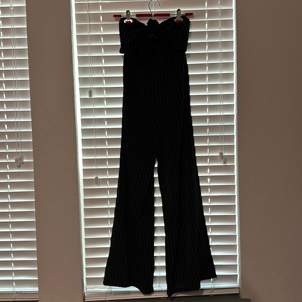 Black Pinstripe Strapless Jumpsuit
